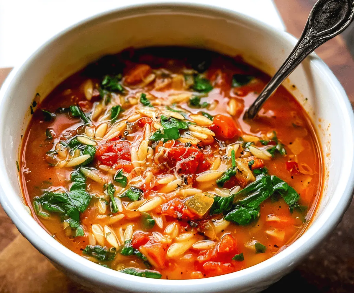 A steaming bowl of Italian Orzo Soup garnished with fresh herbs, featuring tender orzo pasta, vegetables, and savory broth, perfect for a comforting meal.
