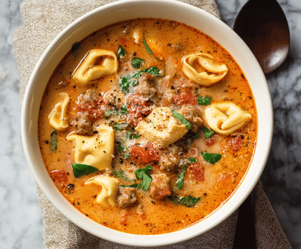 A steaming bowl of Italian Sausage Tortellini Soup garnished with fresh herbs, showcasing tender tortellini, sliced Italian sausage, and colorful vegetables in a savory broth.