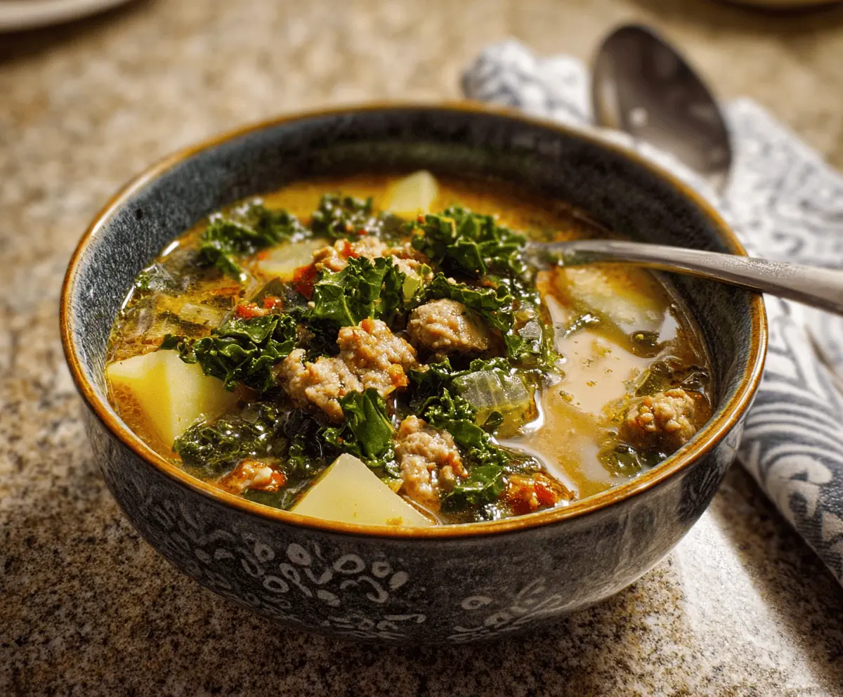 Hearty Kale and Sausage Soup in a bowl with fresh greens and sausage slices, perfect for a warm, comforting meal.