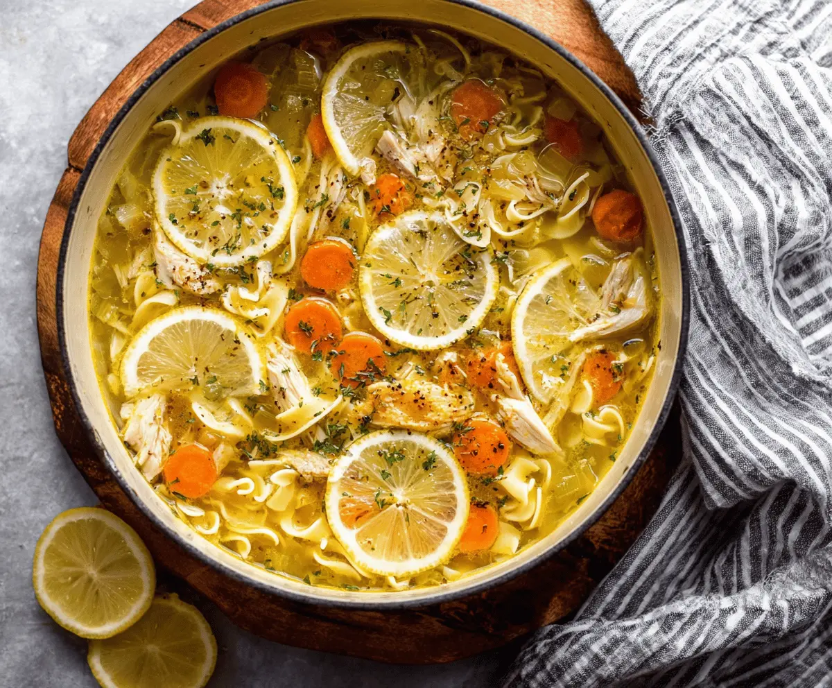 A bowl of Lemon Pepper Chicken Noodle Soup garnished with fresh herbs, featuring tender chicken, vibrant vegetables, and lemon slices in a flavorful broth.