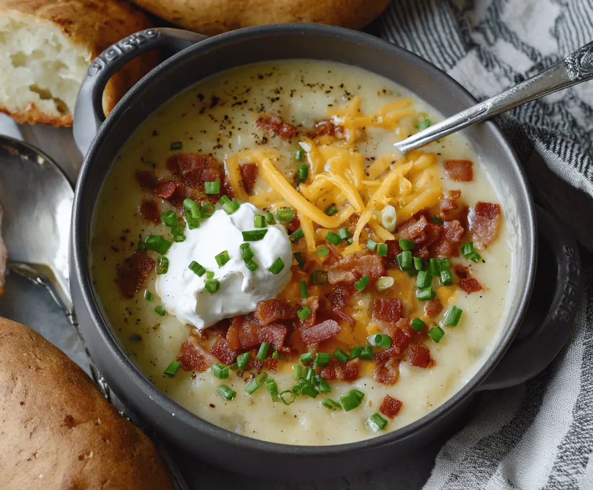 Creamy loaded baked potato soup topped with shredded cheese, crispy bacon, chopped green onions, and sour cream in a rustic bowl