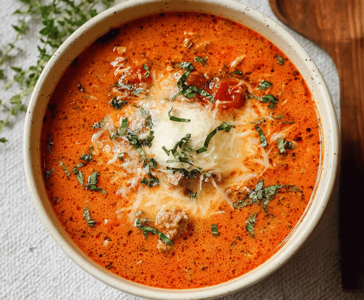 A steaming bowl of low-carb lasagna soup garnished with fresh basil and melted cheese, showcasing layers of seasoned meat, zucchini noodles, and tomato broth.