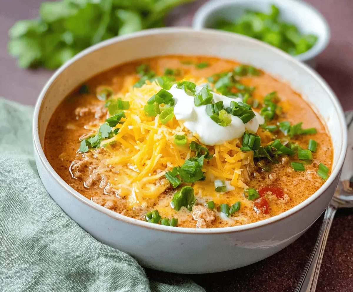 Delicious low-carb taco soup in a bowl with ground meat, tomatoes, peppers, and cheese garnished with fresh herbs