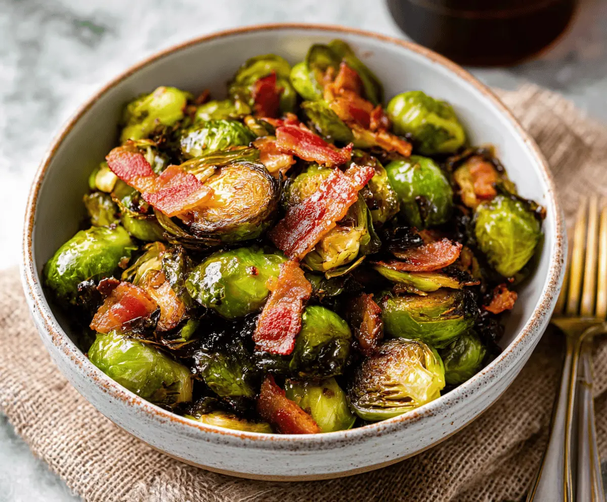 Delicious Maple Balsamic Brussels Sprouts with Crispy Bacon served on a plate, featuring caramelized Brussels sprouts drizzled with maple and balsamic glaze, garnished with bacon pieces.