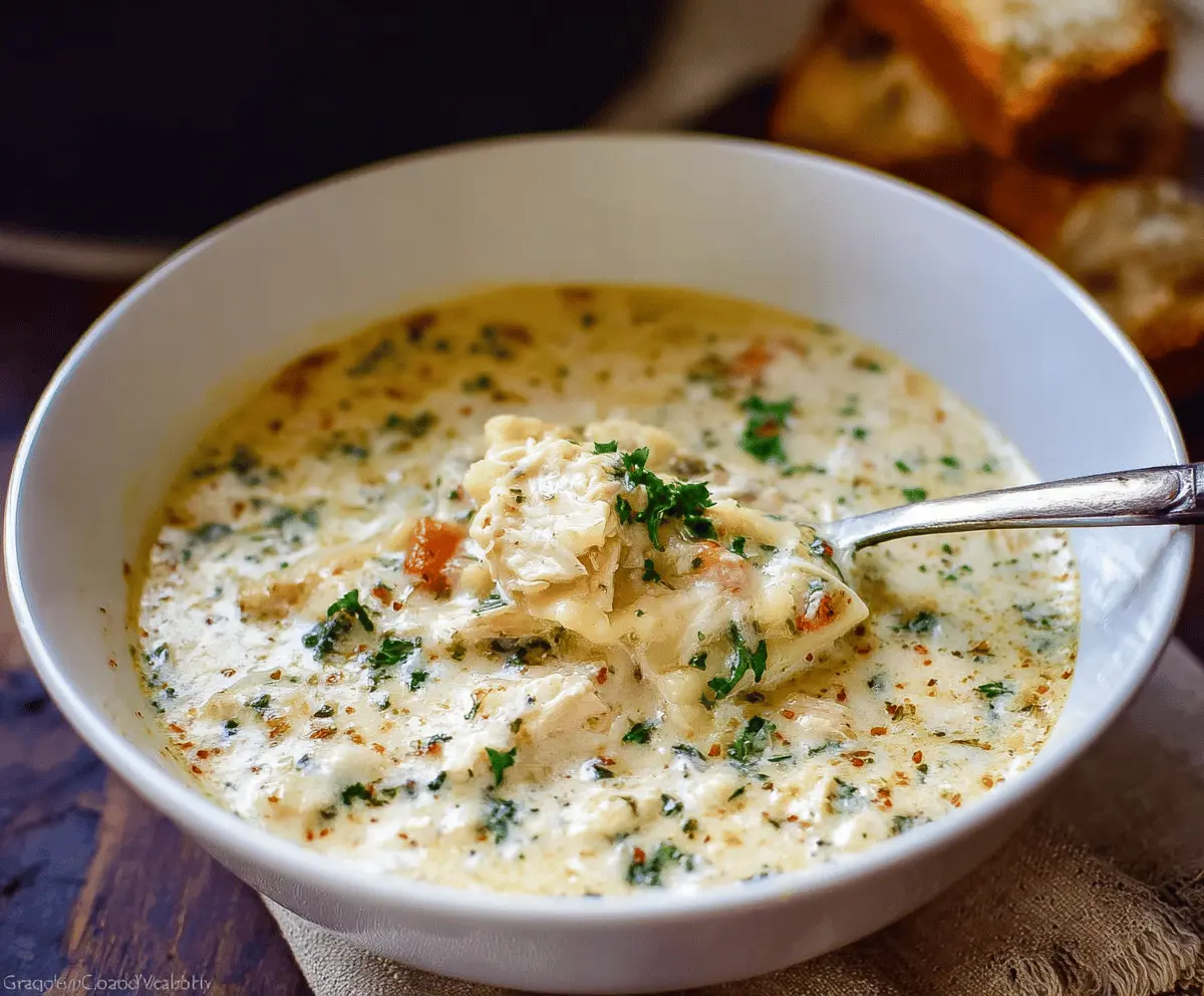 Creamy One-Pot White Chicken Lasagna Soup with shredded chicken, cheese, and herbs in a savory broth, served in a bowl.