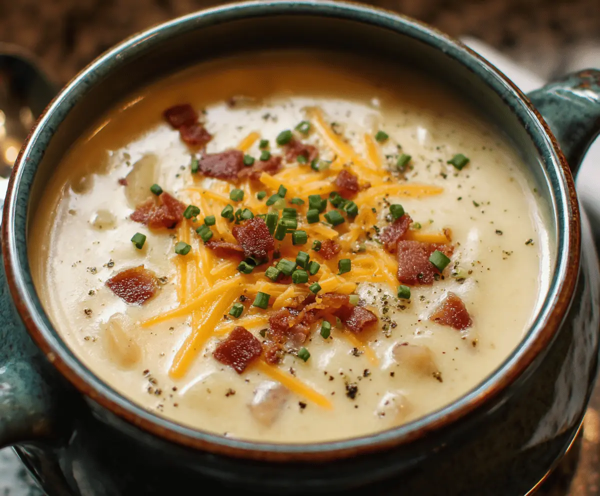 Creamy Outback Potato Soup served in a bowl with fresh herbs and crispy bread on the side, perfect for a comforting meal.