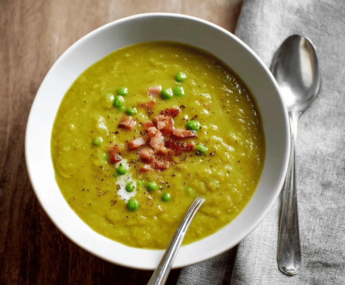 Creamy pea and ham soup served in a bowl with fresh herbs, perfect for a comforting meal.