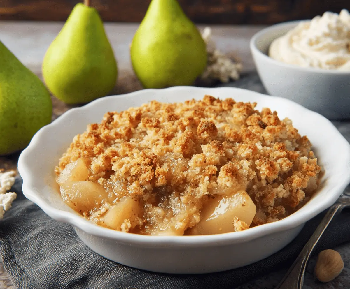 Delicious homemade pear crumble with golden-brown topping served in a rustic bowl
