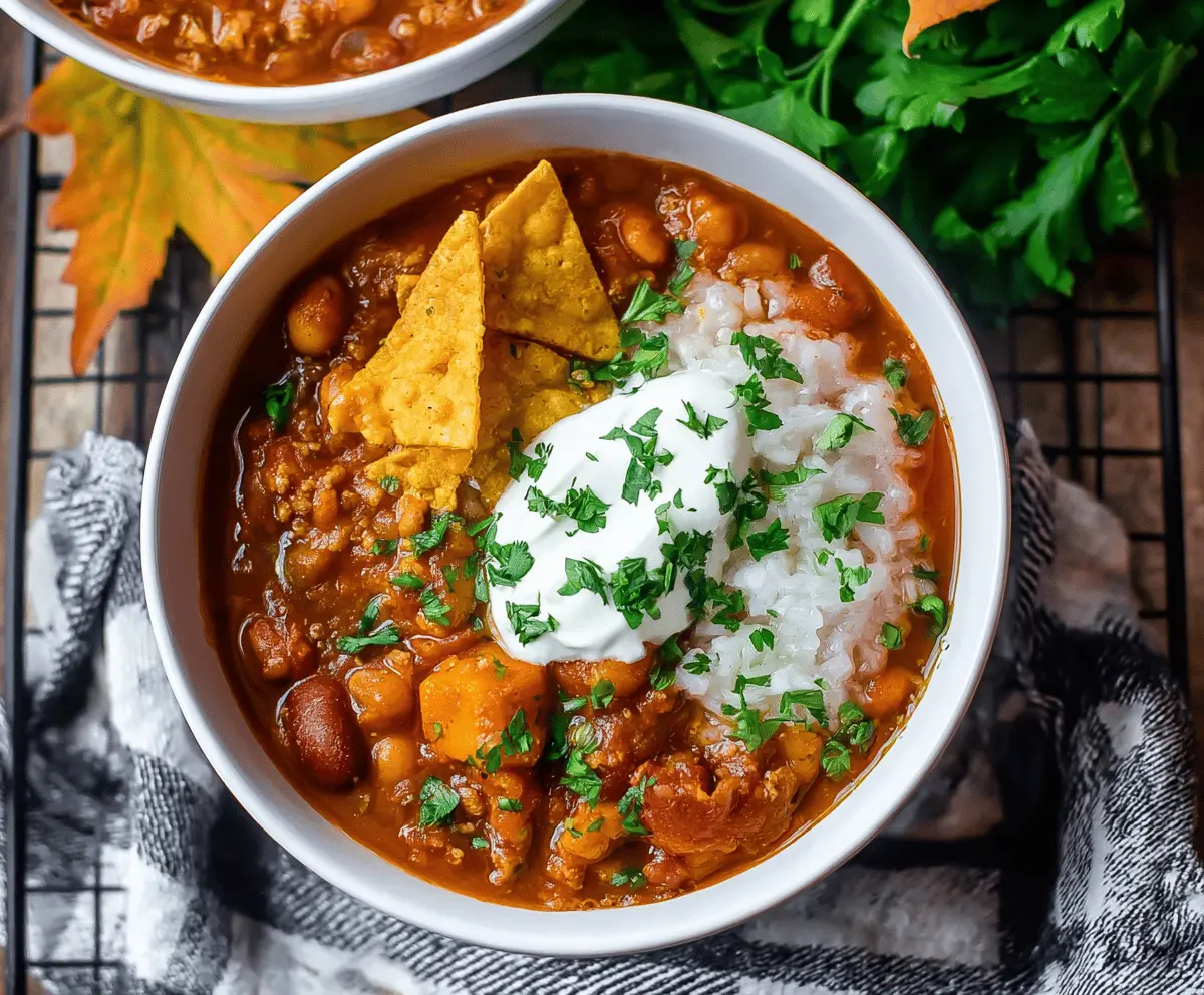 A bowl of hearty pumpkin chili topped with fresh herbs and shredded cheese, served with crusty bread on a rustic wooden table.