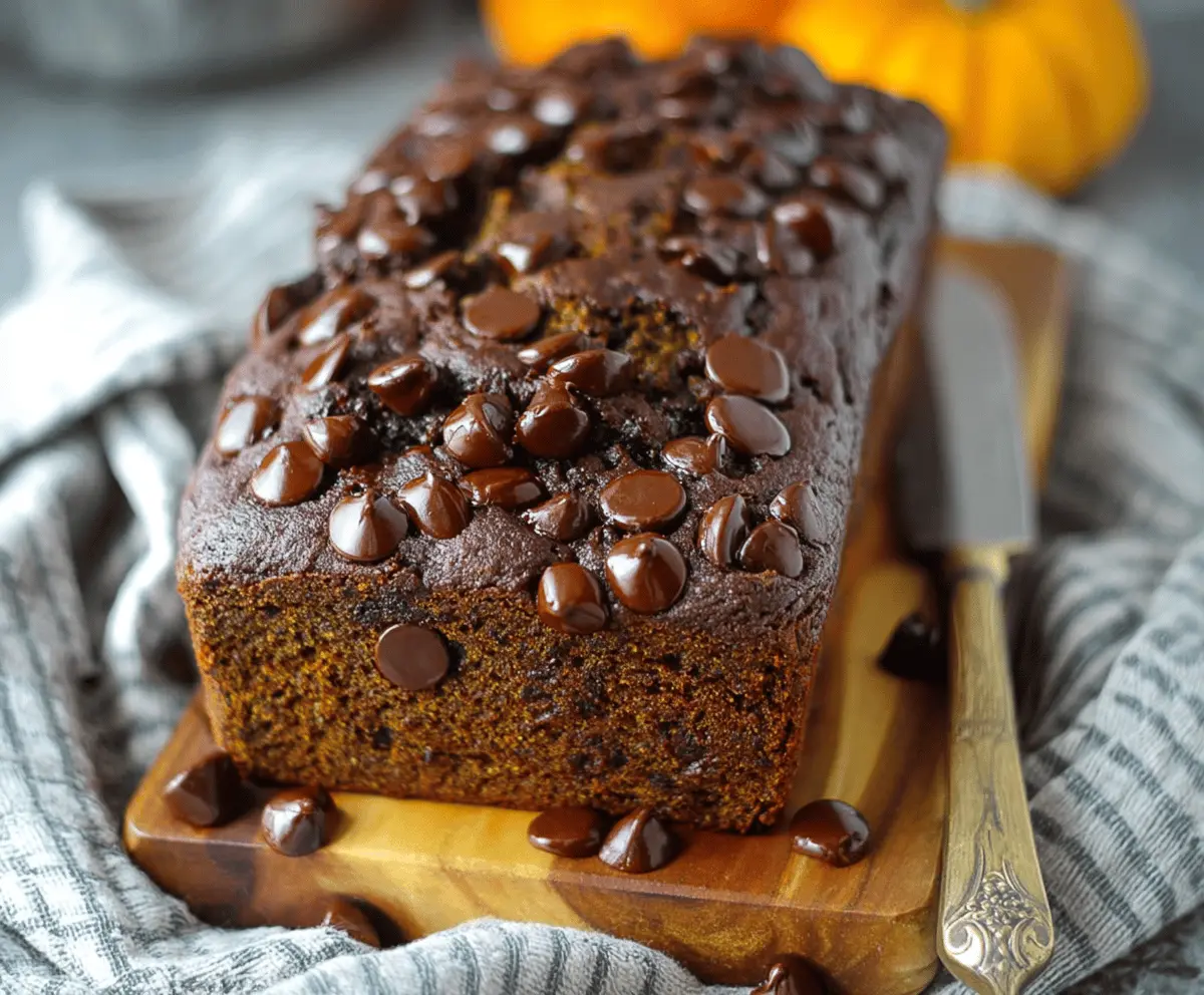 Delicious homemade pumpkin chocolate bread sliced and ready to enjoy, featuring moist pumpkin and rich chocolate chunks