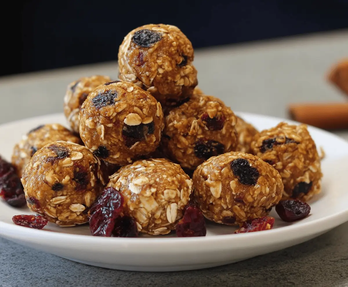 Delicious homemade Pumpkin Cranberry Energy Bites on a white plate, showcasing a healthy, no-bake snack with pumpkin puree, dried cranberries, oats, and seeds, perfect for energy and snacking.