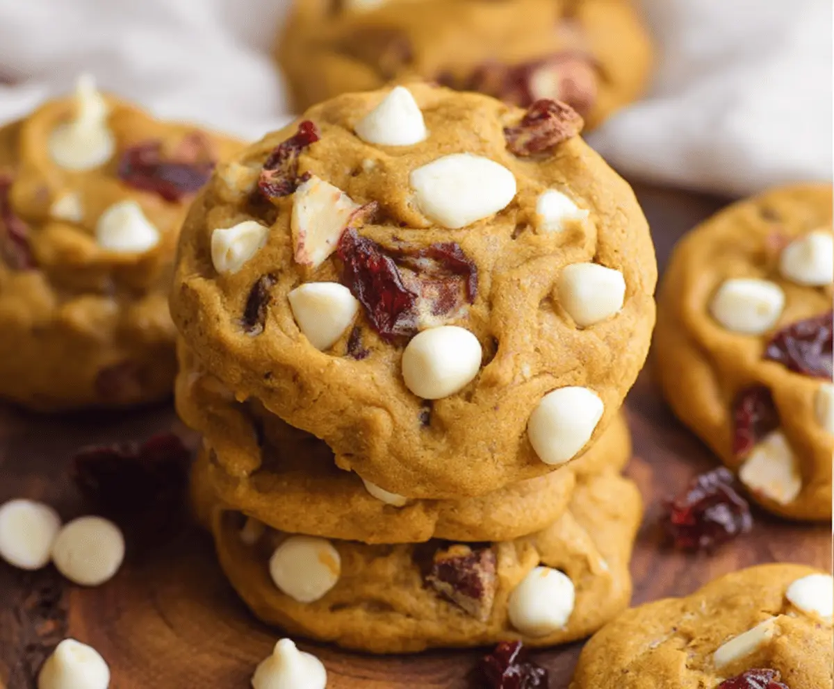 Delicious homemade Pumpkin Cranberry White Chocolate Cookies on a baking sheet, featuring golden-brown edges, orange pumpkin pieces, red cranberries, and creamy white chocolate chunks, perfect for fall baking.