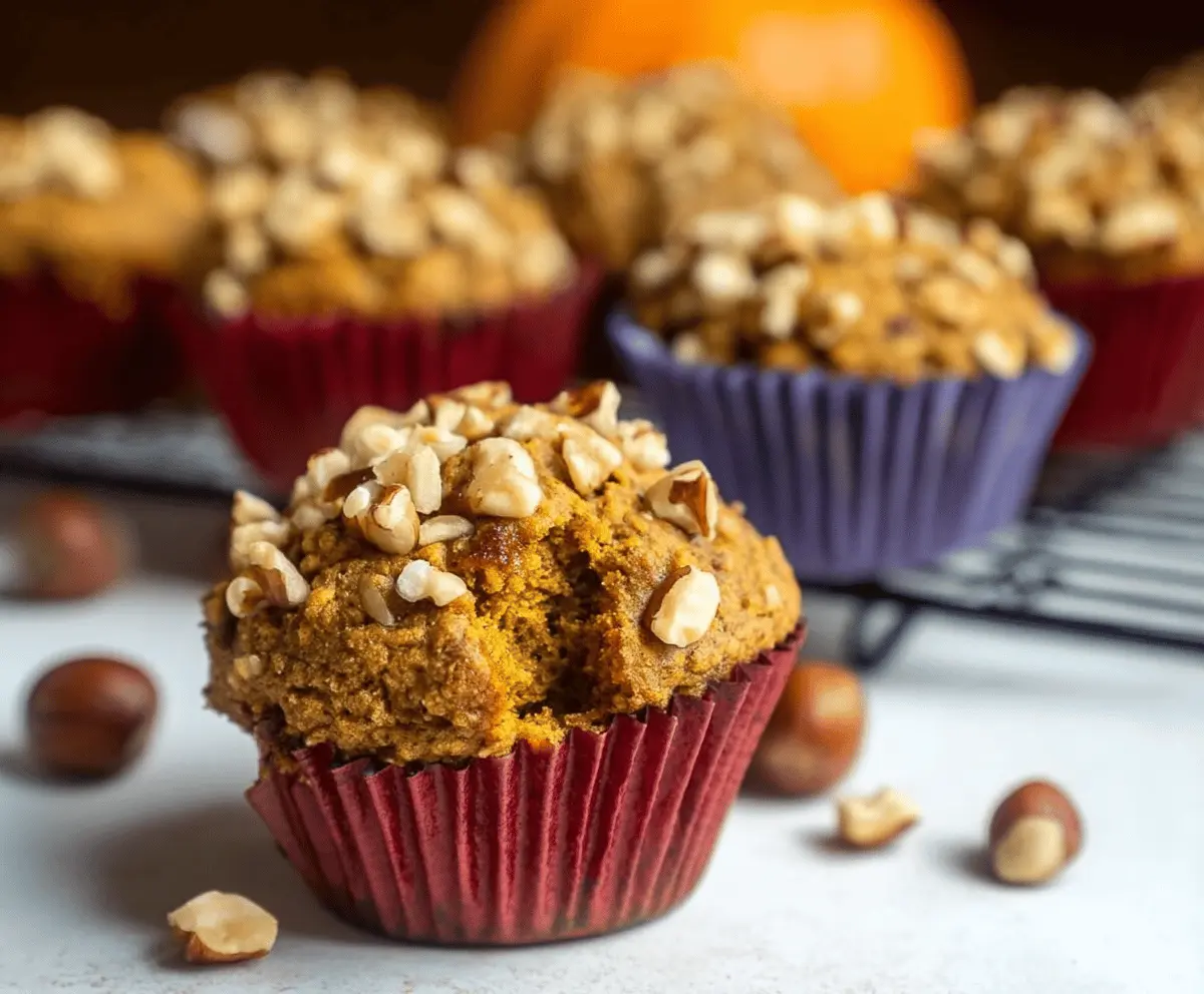 Delicious Pumpkin Hazelnut Muffins with a golden crust and nutty filling on a rustic wooden table