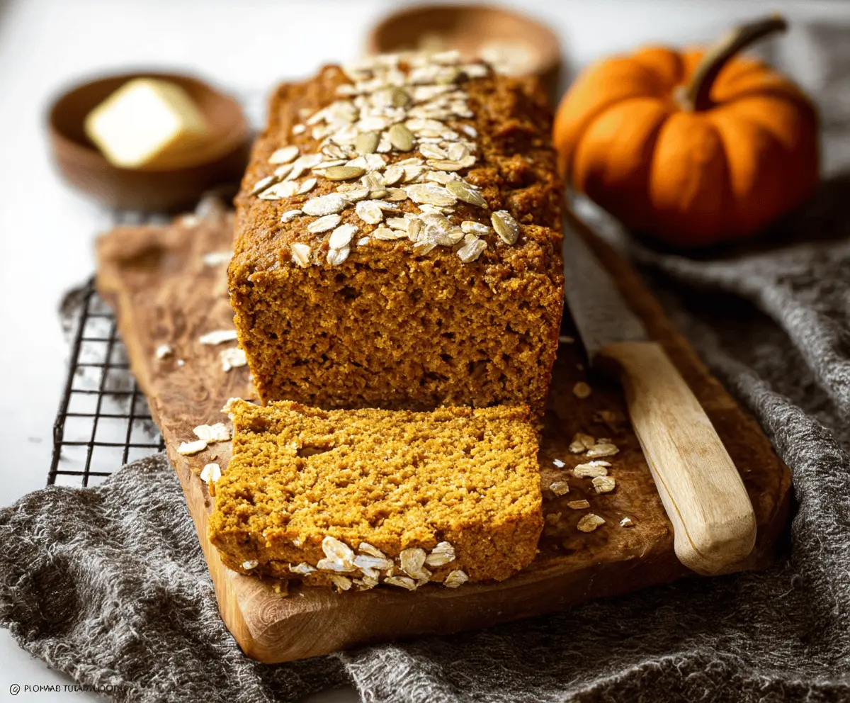 Delicious homemade Pumpkin Oatmeal Bread sliced and served on a plate, showcasing a golden crust and hearty pumpkin and oatmeal filling.