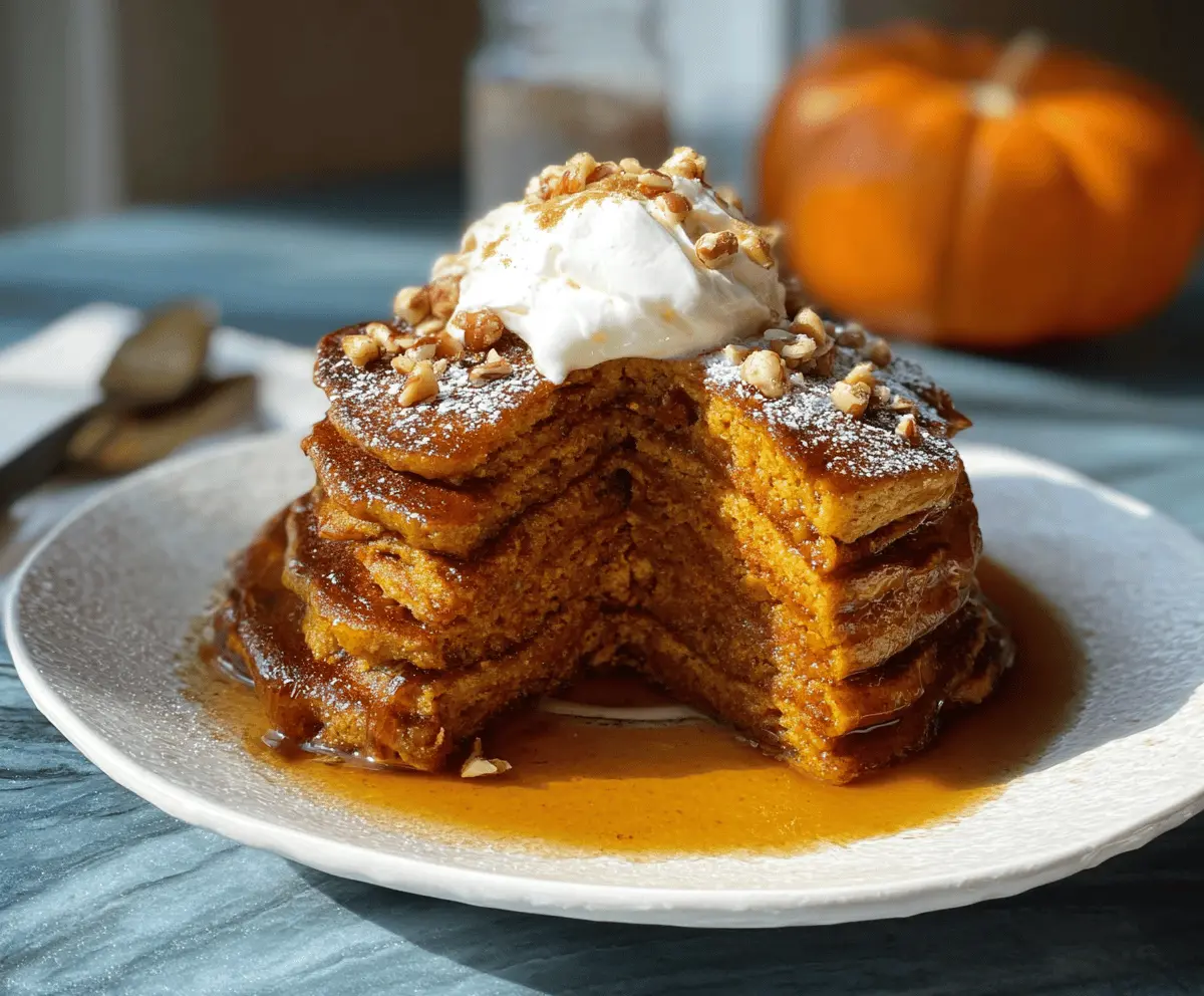 Fluffy pumpkin pie spice pancakes topped with whipped cream and cinnamon for a delicious fall breakfast