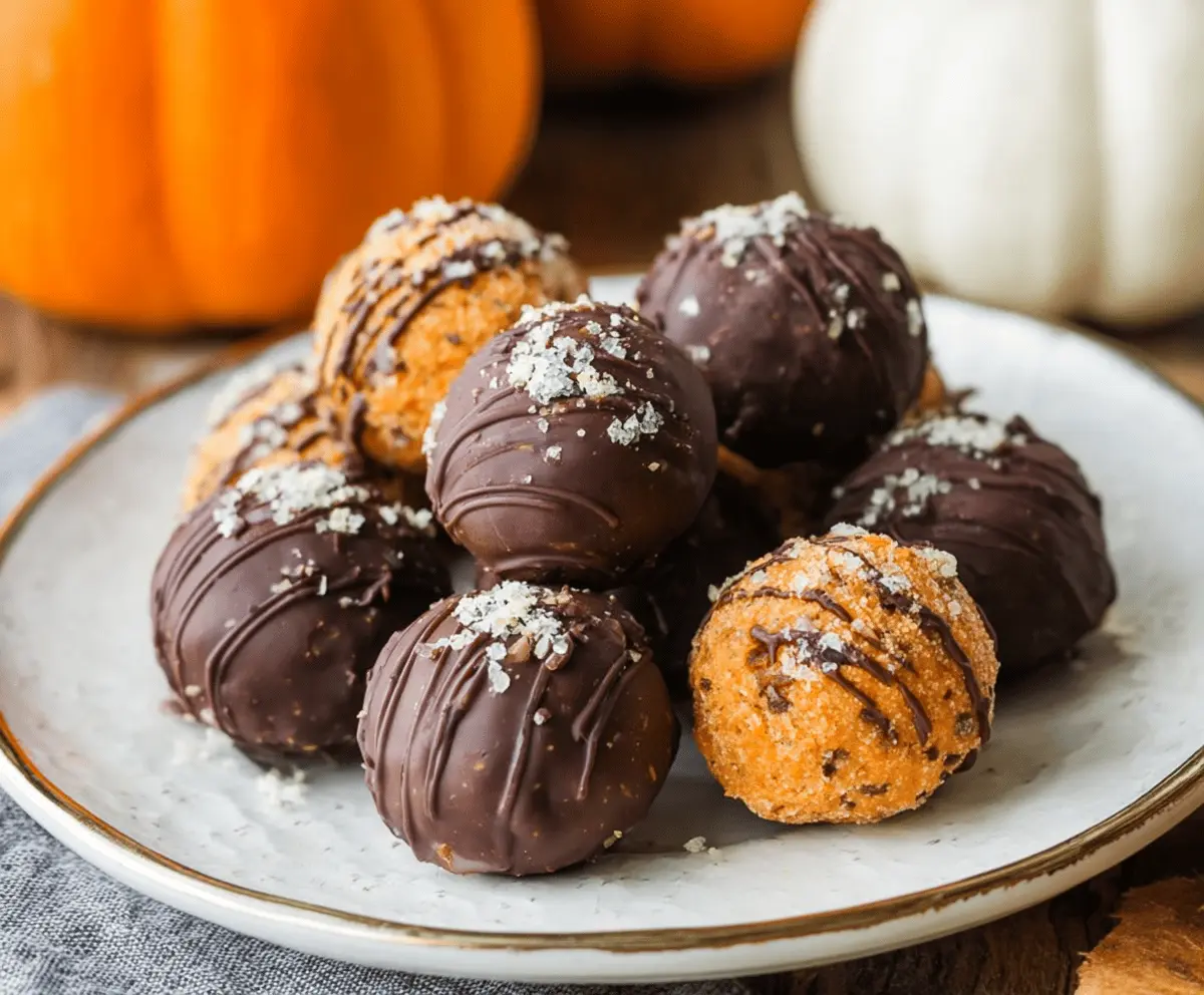 Delicious homemade pumpkin protein truffles with chocolate coating on a rustic plate, perfect healthy snack or dessert