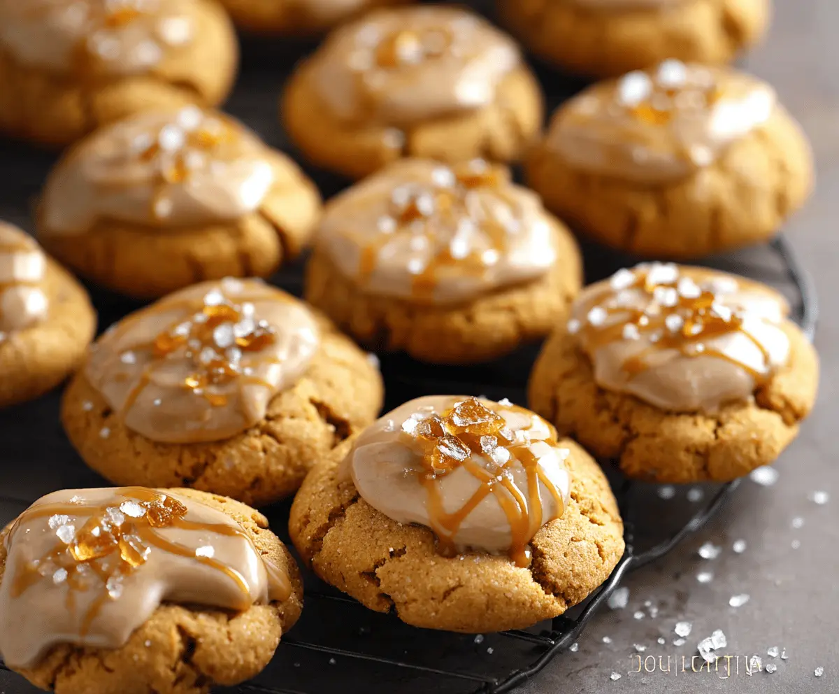 Delicious homemade pumpkin salted caramel cookies with a golden-brown finish and drizzled caramel, perfect for fall baking.