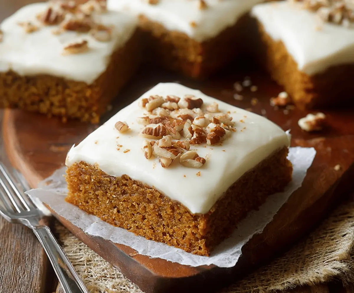 Delicious pumpkin sheet cake topped with creamy cream cheese frosting, perfect for fall desserts and celebrations.