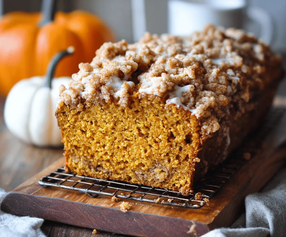 Delicious homemade Pumpkin Streusel Bread topped with a crunchy cinnamon streusel crust, sliced to reveal a moist, spiced pumpkin-filled interior perfect for fall baking.
