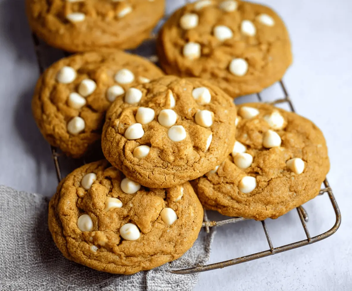 Delicious homemade pumpkin white chocolate chip cookies on a cooling rack, perfect for fall desserts and holiday treats