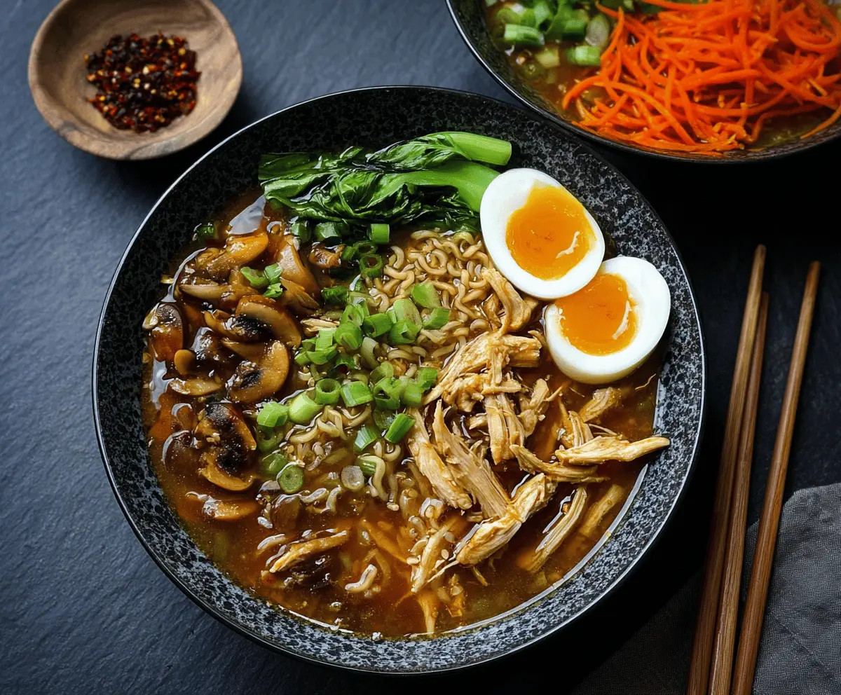 A steaming bowl of Ramen Chicken Noodle Soup with tender chicken, soft noodles, and fresh vegetables in a flavorful broth, perfect for a comforting meal.