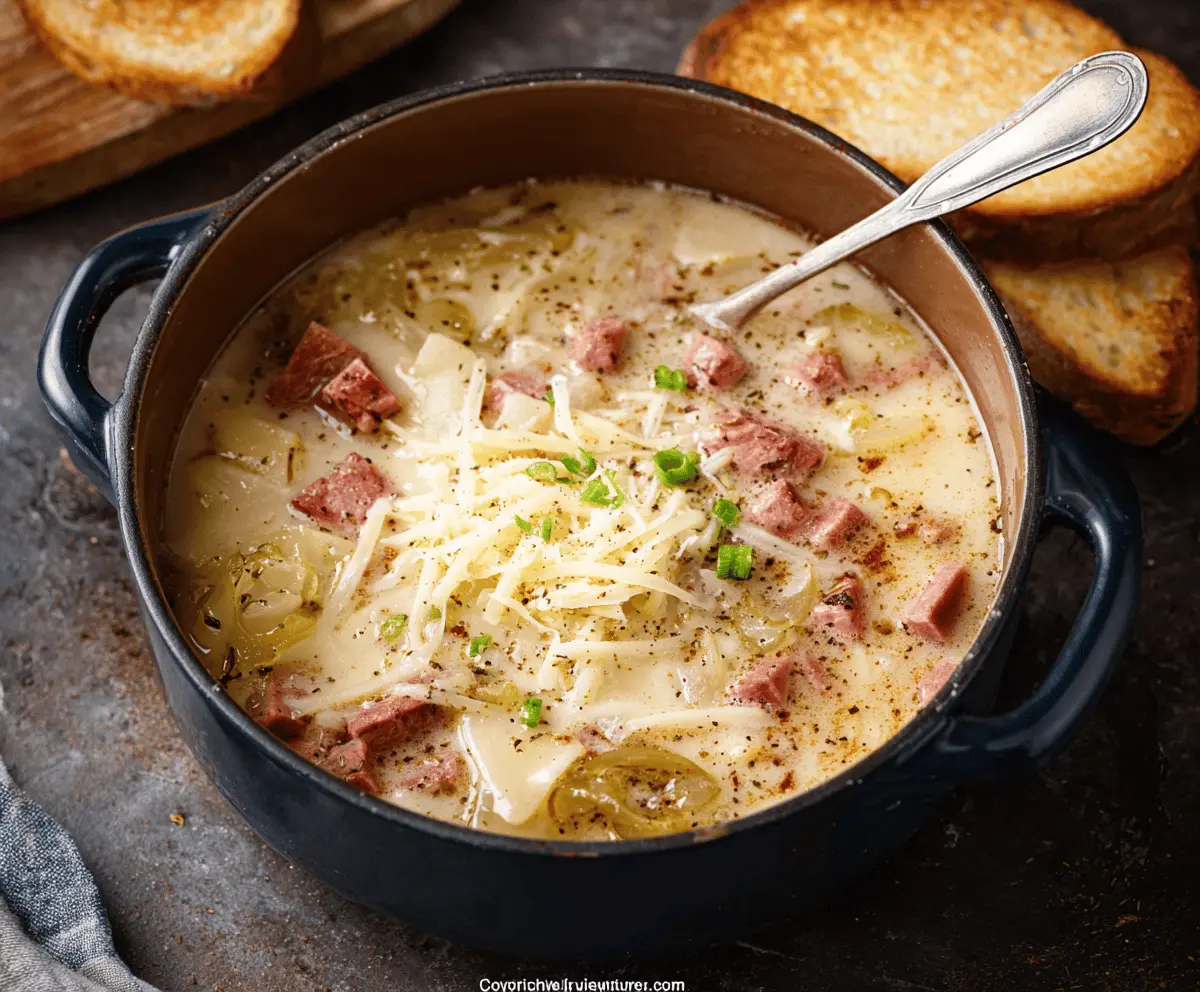 A steaming bowl of Reuben Soup featuring corned beef, sauerkraut, Swiss cheese, and rye croutons served in a white ceramic bowl.