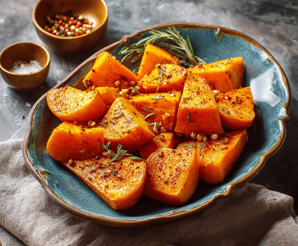 Delicious roasted butternut squash cubes with caramelized edges on a baking sheet, ready to serve as a healthy side dish or meal addition.