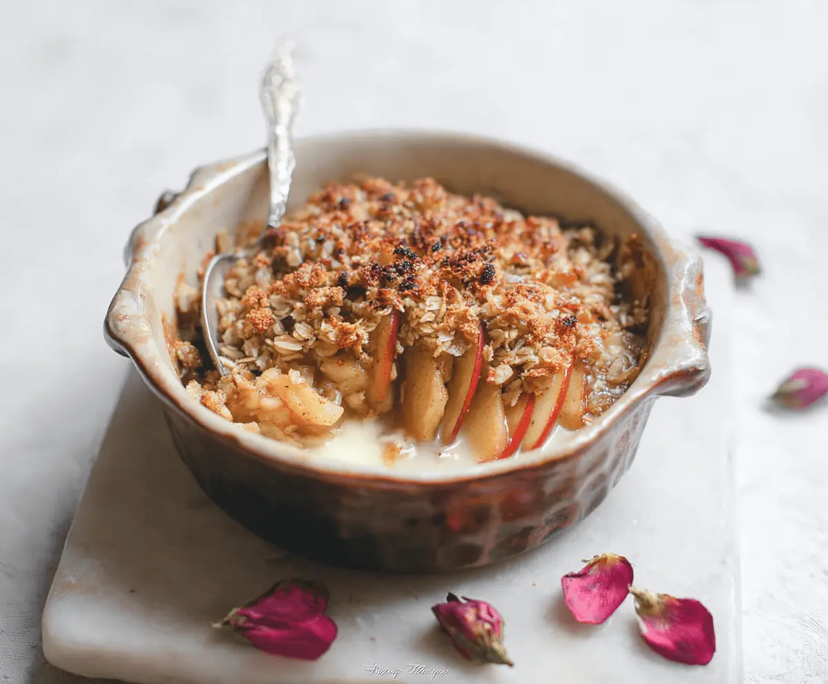 Delicious rose water apple crisp topped with golden brown crust and fresh apple slices, garnished with rose petals, perfect for a fragrant dessert