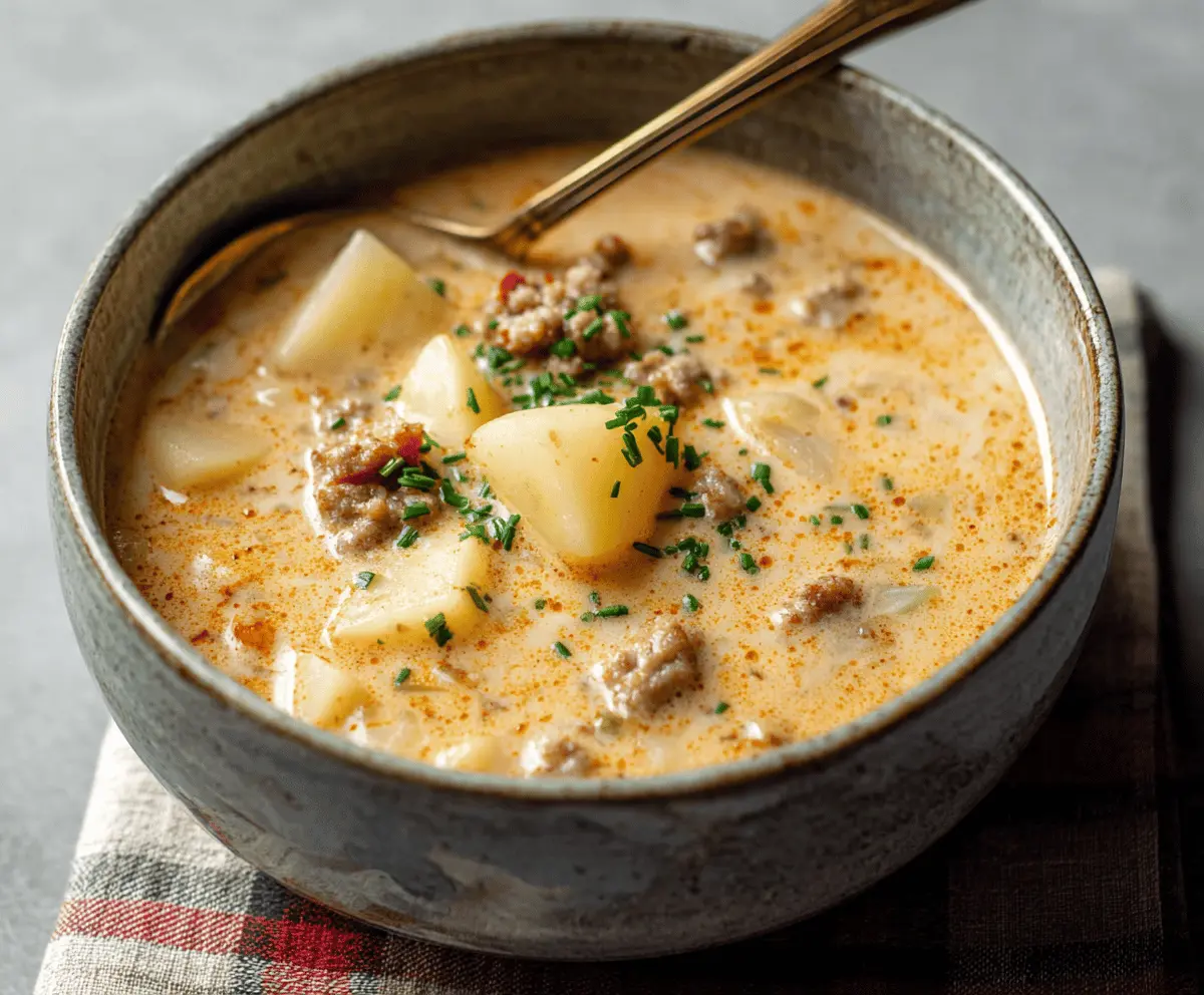 A steaming bowl of sausage potato soup with diced sausages, tender potatoes, and fresh herbs garnished on top.