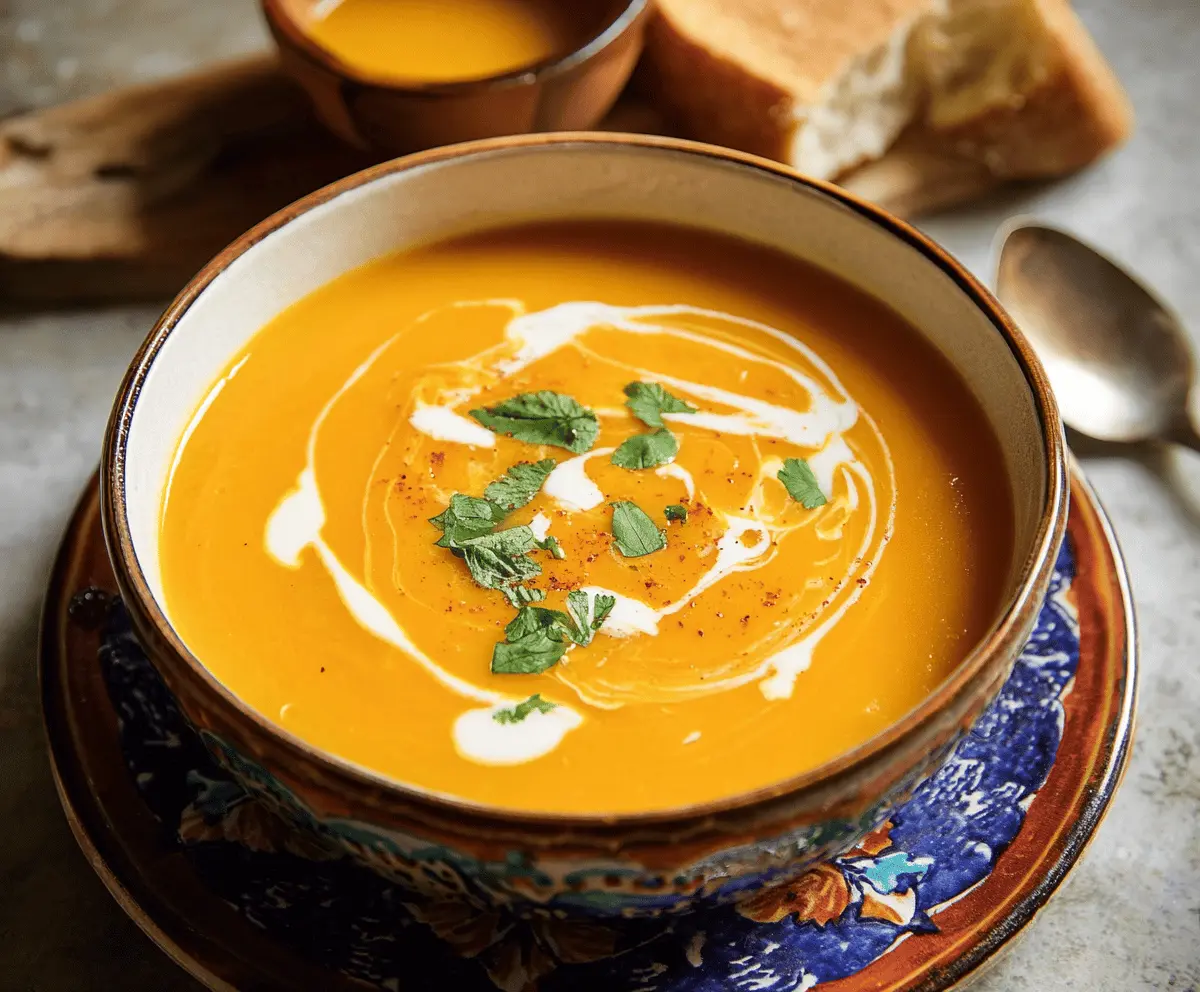 A bowl of creamy Spicy Butternut Squash and Sweet Potato Soup garnished with herbs, served with fresh bread on a rustic wooden table.