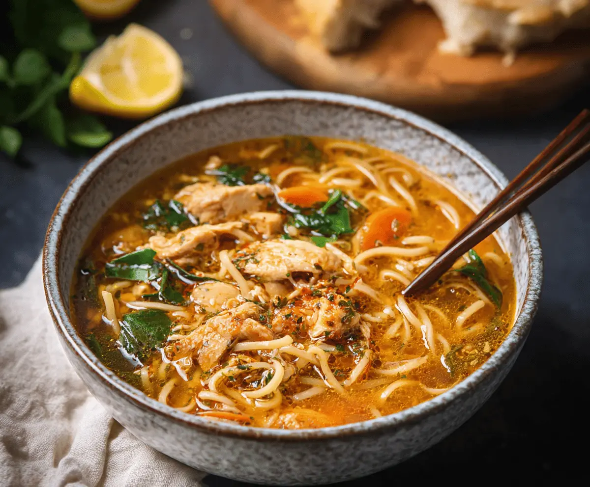 A steaming bowl of spicy chicken noodle soup garnished with fresh herbs and sliced chili peppers, featuring tender chicken, noodles, and vegetables in a flavorful broth.