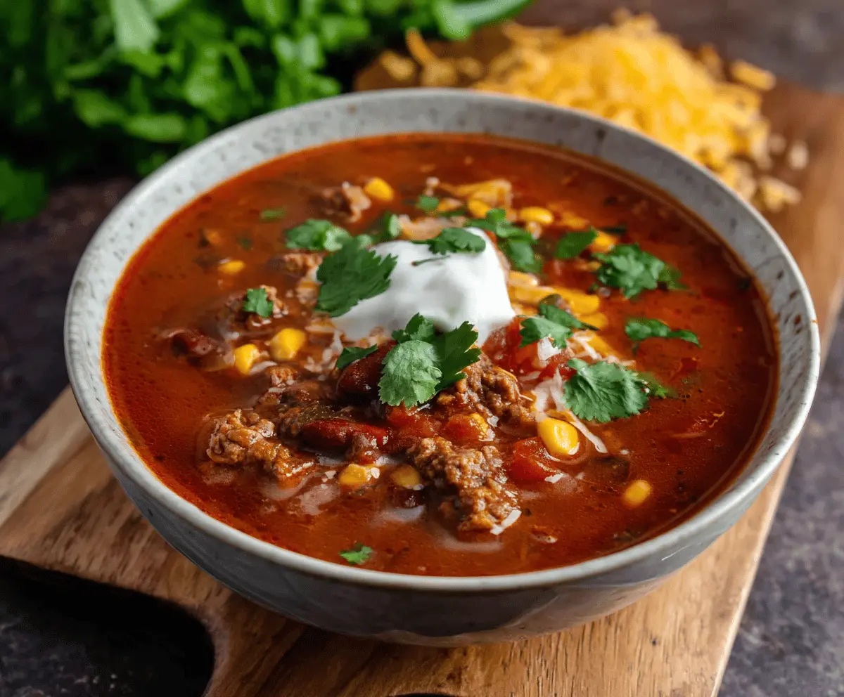 A bowl of spicy taco soup garnished with shredded cheese, chopped cilantro, and sliced jalapenos, served with tortilla chips on the side.