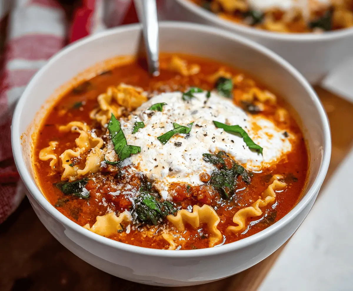 A steaming bowl of Spinach Ricotta Lasagna Soup garnished with fresh basil and grated Parmesan cheese, showcasing layers of spinach, ricotta, and pasta in a flavorful tomato broth.