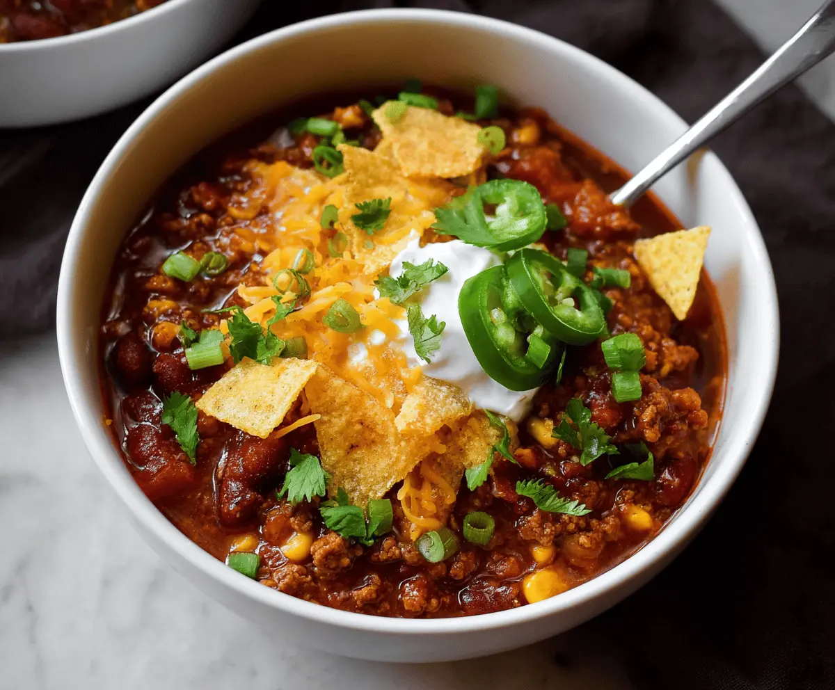 Delicious Taco Chili in a bowl with ground beef, beans, tomatoes, and melted cheese, garnished with fresh cilantro and served with tortilla chips