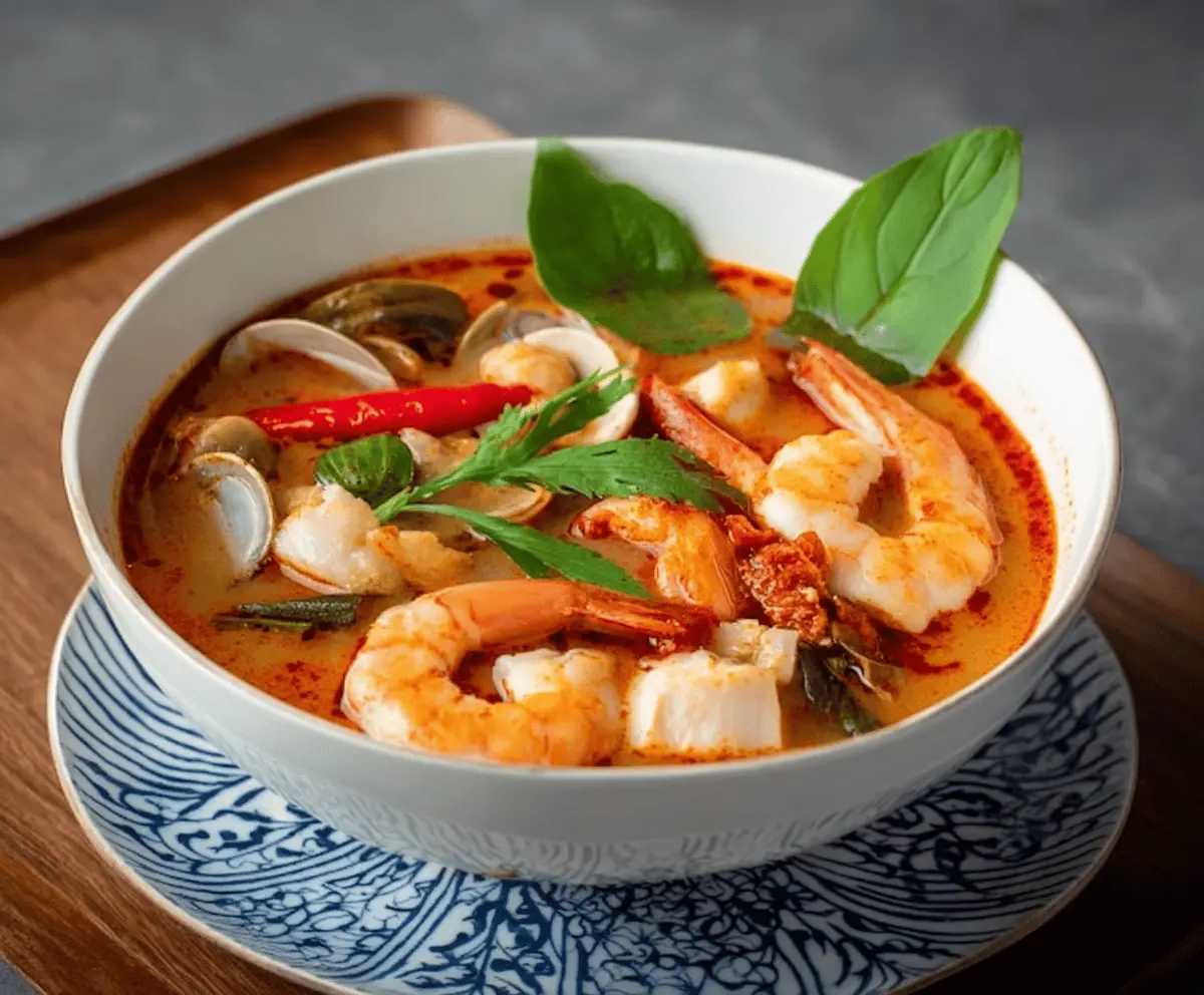Spicy and tangy Tom Yum Soup with shrimp, mushrooms, lemongrass, and fresh herbs in a bowl, ready to serve