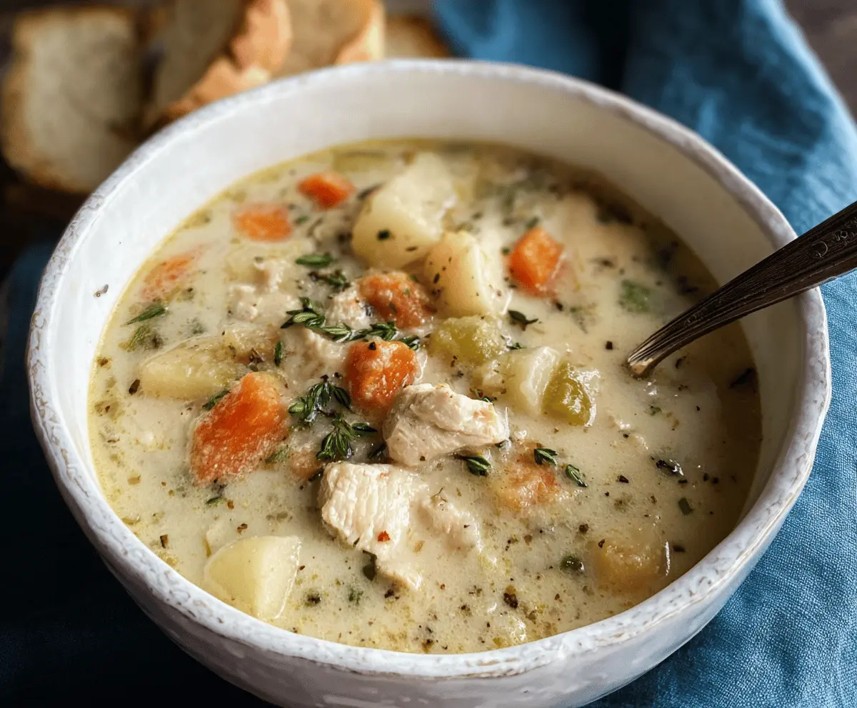 Creamy turkey and potato soup garnished with fresh herbs in a bowl, perfect for a hearty and comforting meal.