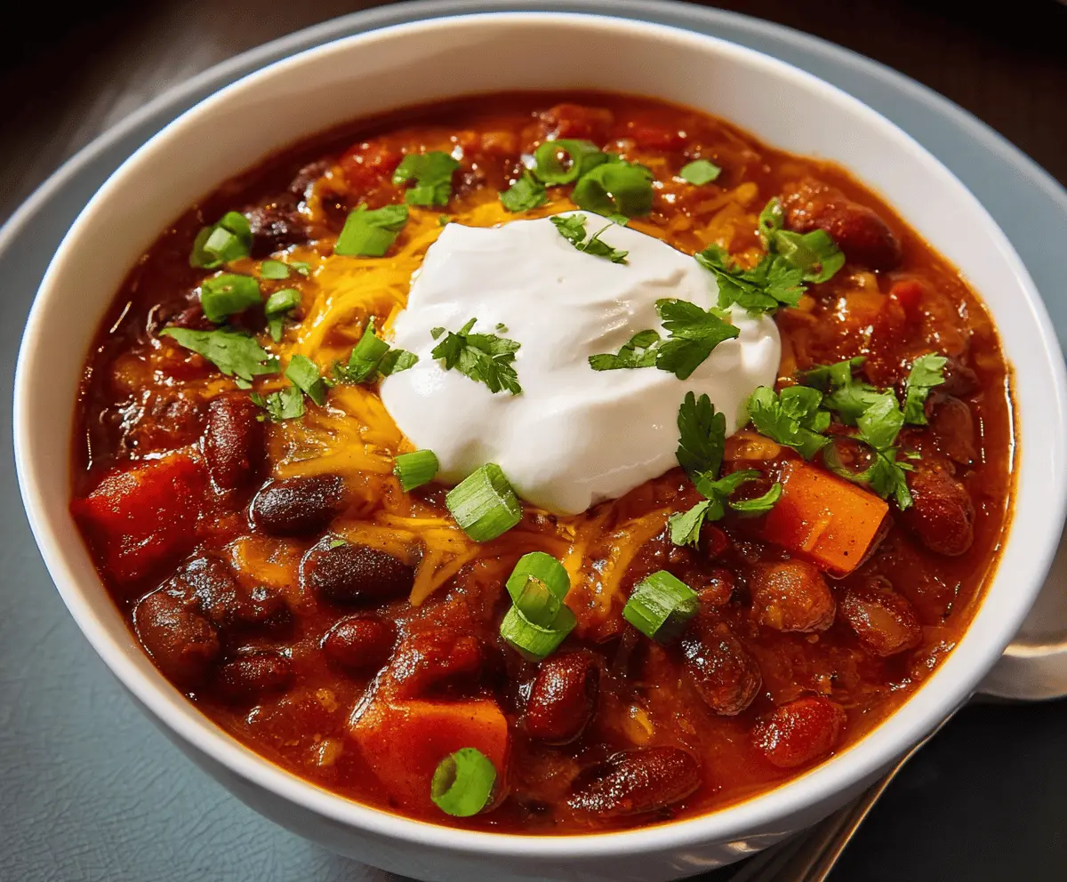 Vegetarian chili served in a bowl with beans, vegetables, and spices, topped with fresh herbs, ideal for a hearty plant-based meal.