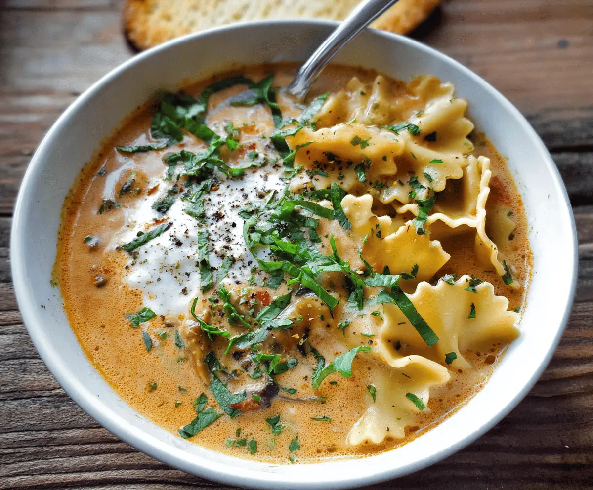 Creamy vegetarian lasagna soup with melted cheese, fresh basil, and pasta in a comforting bowl, perfect for a hearty, meat-free meal