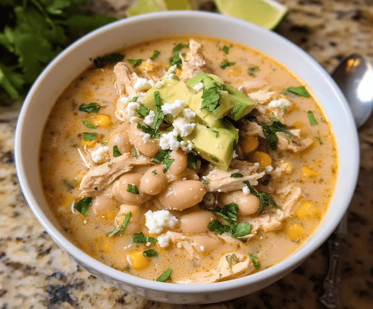 Creamy white chicken chili in a bowl topped with shredded cheese and fresh herbs, served with tortilla chips.