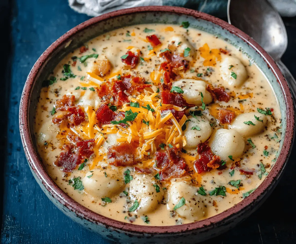 Creamy Bacon Cheddar Gnocchi Soup with crispy bacon, melted cheddar cheese, and tender gnocchi in a rich broth.
