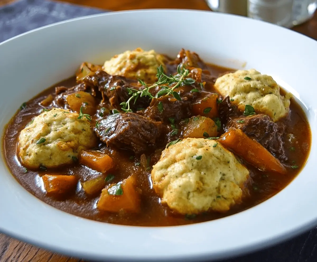 Hearty beef stew with fluffy dumplings served in a rustic bowl, perfect for comforting winter meals.