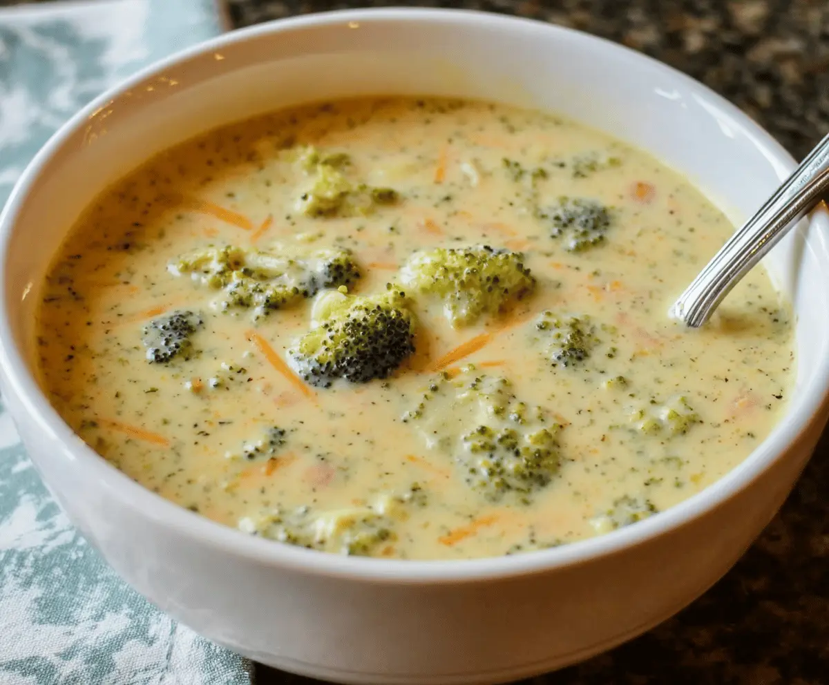 Creamy broccoli cheese soup served in a bowl with fresh broccoli florets and melted cheese topping, perfect for a cozy meal.
