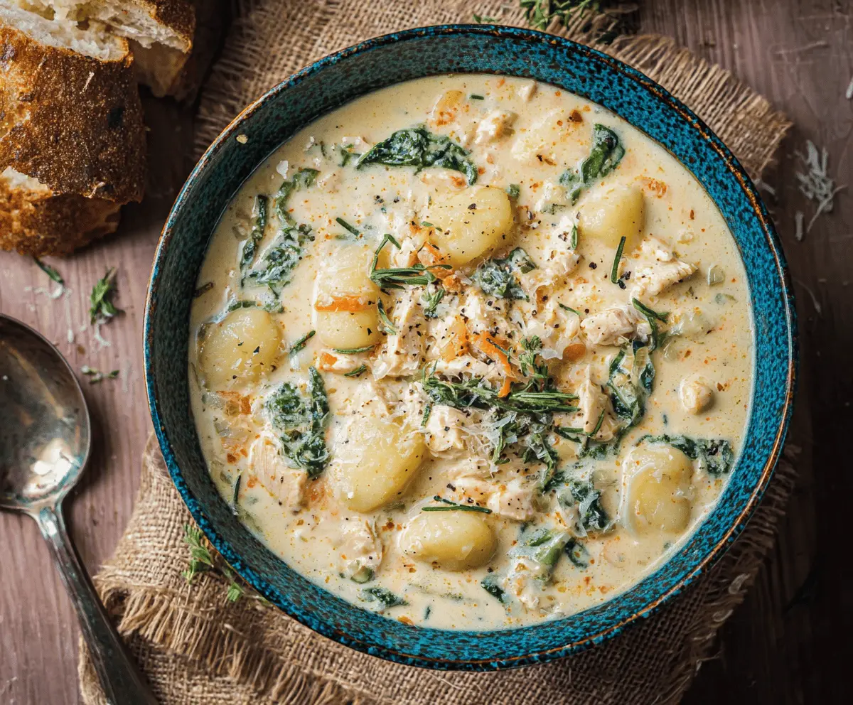 Creamy Chicken Gnocchi Soup with tender chicken, soft gnocchi, fresh vegetables, and herbs in a savory broth