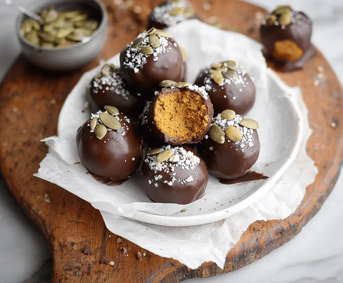 Delicious chocolate-covered pumpkin protein balls on a white plate, perfect for a healthy snack or energy boost