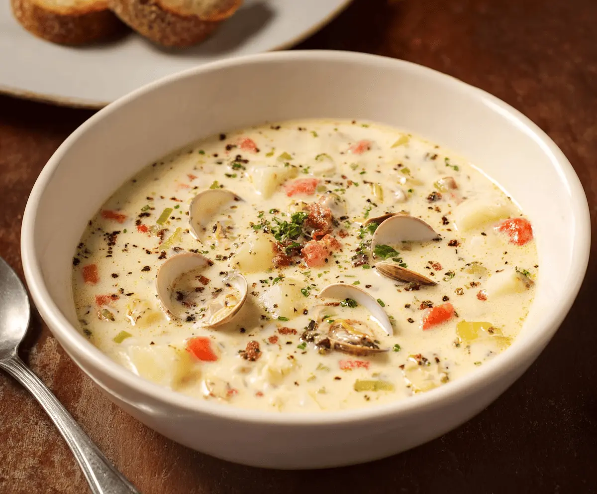 Creamy clam chowder served in a bowl with fresh herbs and oyster crackers, featuring tender clams, potatoes, and a rich, savory broth.
