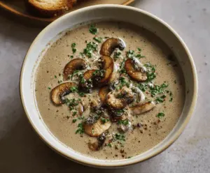 Cream of mushroom soup served in a bowl with fresh herbs and a spoon, perfect for comforting meals.