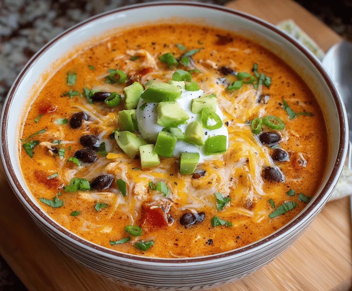 Creamy enchilada soup in a bowl topped with cheese, sour cream, and fresh cilantro, served with tortilla chips