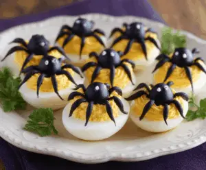 Creative deviled egg spiders with black olive legs and paprika eyes, perfect for Halloween appetizers.