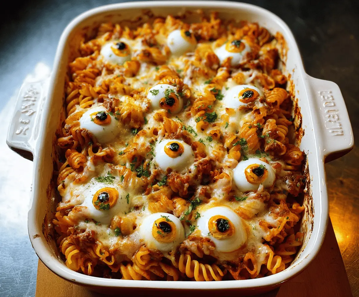 A spooky Eyeball Pasta Bake with pasta topped with meatball "eyeballs" garnished with herbs, perfect for Halloween themed dinners.