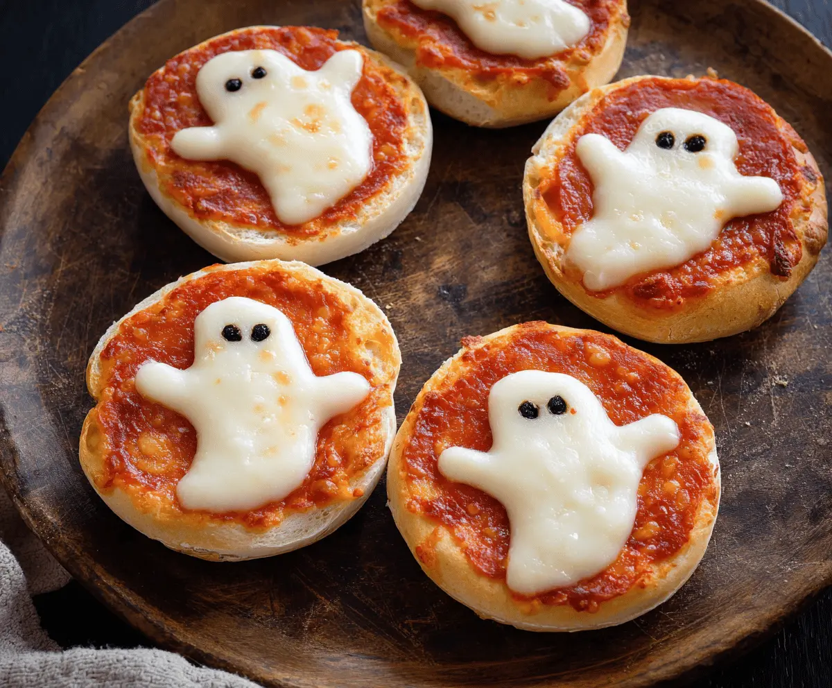 Cheesy ghost-shaped pizza bagels topped with pepperoni and vegetables on a baking tray, perfect for spooky-themed snacks.